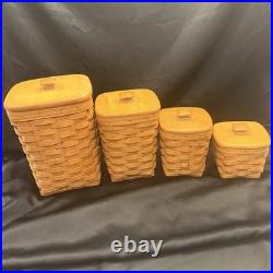 1993 Longaberger Basket 4 Piece Square Canister Set With Wooden Lids Liners