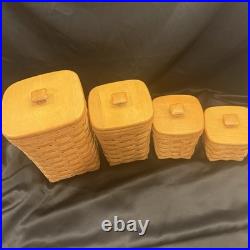 1993 Longaberger Basket 4 Piece Square Canister Set With Wooden Lids Liners