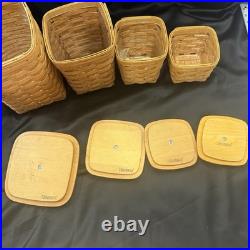 1993 Longaberger Basket 4 Piece Square Canister Set With Wooden Lids Liners
