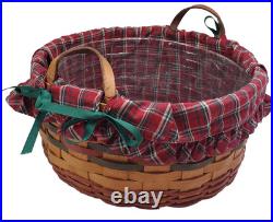 1995 Longaberger Large Leather Handle Basket Holiday Fabric Liner Plastic Insert 1995 Longaberger Large Leather Handle Basket Holiday Fabric Liner Plastic Insert