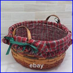 1995 Longaberger Large Leather Handle Basket Holiday Fabric Liner Plastic Insert 1995 Longaberger Large Leather Handle Basket Holiday Fabric Liner Plastic Insert