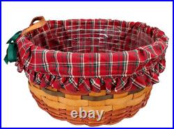 1995 Longaberger Large Leather Handle Basket Holiday Fabric Liner Plastic Insert 1995 Longaberger Large Leather Handle Basket Holiday Fabric Liner Plastic Insert