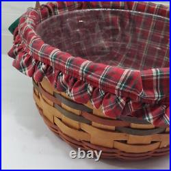 1995 Longaberger Large Leather Handle Basket Holiday Fabric Liner Plastic Insert 1995 Longaberger Large Leather Handle Basket Holiday Fabric Liner Plastic Insert