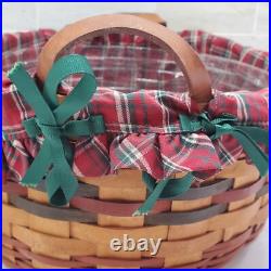 1995 Longaberger Large Leather Handle Basket Holiday Fabric Liner Plastic Insert 1995 Longaberger Large Leather Handle Basket Holiday Fabric Liner Plastic Insert