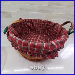 1995 Longaberger Large Leather Handle Basket Holiday Fabric Liner Plastic Insert 1995 Longaberger Large Leather Handle Basket Holiday Fabric Liner Plastic Insert