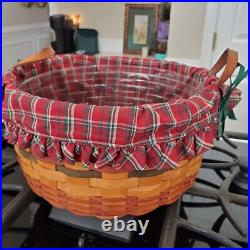 1995 Longaberger Large Leather Handle Basket Holiday Fabric Liner Plastic Insert 1995 Longaberger Large Leather Handle Basket Holiday Fabric Liner Plastic Insert