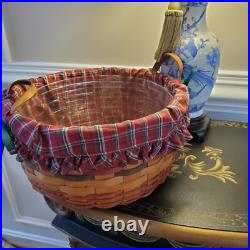 1995 Longaberger Large Leather Handle Basket Holiday Fabric Liner Plastic Insert 1995 Longaberger Large Leather Handle Basket Holiday Fabric Liner Plastic Insert