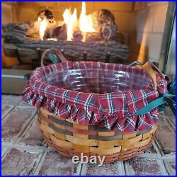 1995 Longaberger Large Leather Handle Basket Holiday Fabric Liner Plastic Insert 1995 Longaberger Large Leather Handle Basket Holiday Fabric Liner Plastic Insert