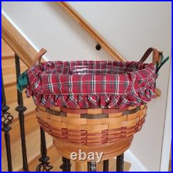 1995 Longaberger Large Leather Handle Basket Holiday Fabric Liner Plastic Insert 1995 Longaberger Large Leather Handle Basket Holiday Fabric Liner Plastic Insert