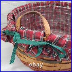 1995 Longaberger Large Leather Handle Basket Holiday Fabric Liner Plastic Insert 1995 Longaberger Large Leather Handle Basket Holiday Fabric Liner Plastic Insert