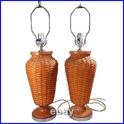 2 Longaberger Basket Hostess Woven Lamps 2005 Warm Brown Set With Shades
