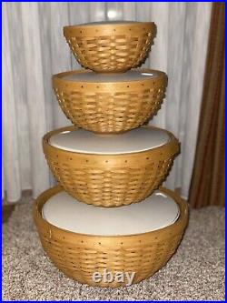 Brand New! Longaberger 4 Piece Bowl Basket Set With Protectors & Lids 2002