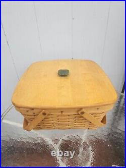 HTF RARE GREEN HANDLE Longaberger 1999 Picnic Basket Wooden Lid Cottage Core