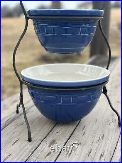 LONGABERGER 3 TIER Wrought IRON STAND WITH 3 BLUE MIXING BOWLS NICE