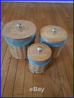LONGABERGER Basket Canister Set Combo 3 Baskets with Inserts & Lids Green Covers