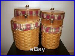 LONGABERGER CANISTER SET OF 4 With ORCHARD PARK LINER & PLACTIC CONTAINERS