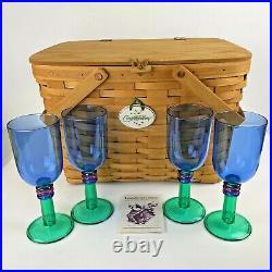 LONGABERGER PICNIC BASKET Large 2 Handle Riser Liner Lid Wine Glasses Vintage