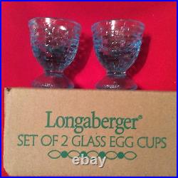 LONGABERGER Pressed Blue Glass Egg Cups Set of 2 Basket Weave New in Box