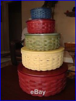 LONGABERGER SET OF 5 KEEPING BASKETS with Protectors and Lids NICE