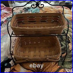 LONGABERGER Wrought Iron 2 Tier Tray Stand & Baskets Protectors Organizer 1999