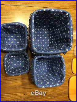 Longaberger 1997 Basket Canister Set With Blue Print Material And Plastic Liners