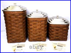 Longaberger 2012 Square Canisters Set of 3 in Rich Brown with Metal Lids & Tags