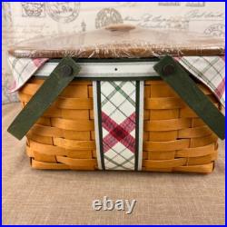 Longaberger 2013 Green Plaid Tidings Basket with Lid, Bow Knob, Liner, Protector