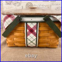 Longaberger 2013 Green Plaid Tidings Basket with Lid, Bow Knob, Liner, Protector