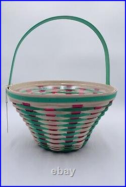 Longaberger 2023 Large Green Pink Round Easter Basket and Plastic Protector NWT