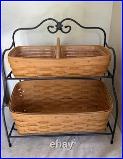 Longaberger 2 Tier Wrought Iron Stand With 2 Baskets, Wood Divider, 1 Liner Longaberger 2 Tier Wrought Iron Stand With 2 Baskets, Wood Divider, 1 Liner