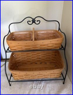 Longaberger 2 Tier Wrought Iron Stand With 2 Baskets, Wood Divider, 1 Liner Longaberger 2 Tier Wrought Iron Stand With 2 Baskets, Wood Divider, 1 Liner