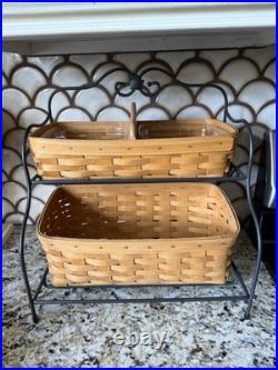 Longaberger 2 Tier Wrought Iron Stand With 2 Baskets, Wood Divider, 1 Liner Longaberger 2 Tier Wrought Iron Stand With 2 Baskets, Wood Divider, 1 Liner
