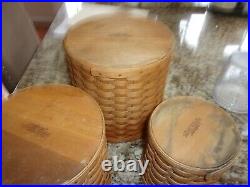 Longaberger 3pc Canister Set With Resealable Protectors, Wood Lids Silver Knob