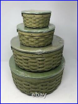 Longaberger 4 Round Keeping Baskets Set Leaf Green 13 in 11 in 7 in 5 in with Lids