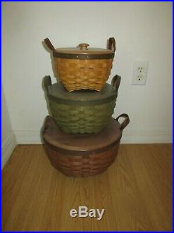 Longaberger American Work Baskets Stackable Set w Woodcraft Lids Lot of 3 Rare