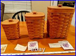 Longaberger Basket 1995 Set of 3 Square Canisters with Lids 11x7.5 9.5x6 7.5x5.5