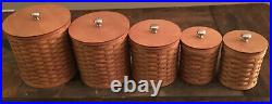 Longaberger Basket 5 Piece Canister Set withSealed Plastic Inserts, Lids & Tie-Ons