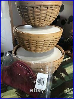 Longaberger Basket Bowl Set 13,11 & 9 Hard Plastic Bowls Lids + 1 Liner Unused