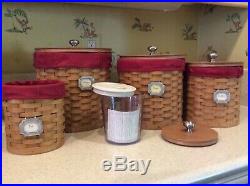 Longaberger Basket Canister Set 2003 WithSealable Protectors Wood Lids Red Liners