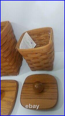 Longaberger Basket Canister Set Of 3 With Sealed Protector Inserts And Custom Lids
