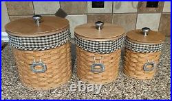 Longaberger Basket Canister Set- Sealed Plastic Containers Fabric Liners Tie-Ons