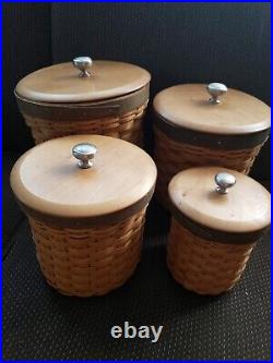 Longaberger Basket Round Canister Set Wood Lids Plastic Inserts W Lids