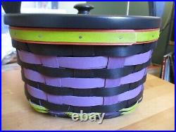 Longaberger Black Purple HALLOWEEN CAT Basket w Lid Protector Liner Tie On Set