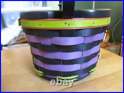 Longaberger Black Purple HALLOWEEN CAT Basket w Lid Protector Liner Tie On Set