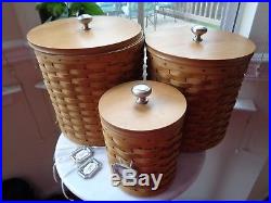 Longaberger Canister Set 3 Basket Combos With Wood Lid, Ties And Protectors