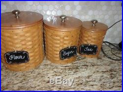 Longaberger Canister Set Of 3 With Resealable Protectors And Tie Ons And Lids