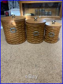 Longaberger Canister Set of 3 Withprotector & tie Ons. Slightly used condition