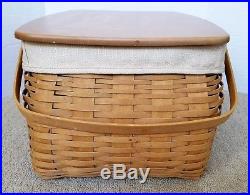 Longaberger Craft Keeper Basket Oatmeal Liner Wood Lid & Protector Set