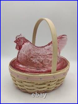 Longaberger EASTER Basket Set Whitewashed with PINK Glass HEN NEST Chicken