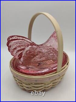 Longaberger EASTER Basket Set Whitewashed with PINK Glass HEN NEST Chicken